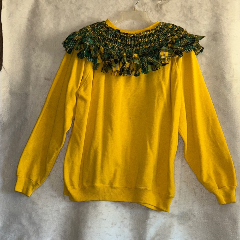 Hanes Her Way Yellow Upcyled  Sweatshirt with Plaid Detail Yoke